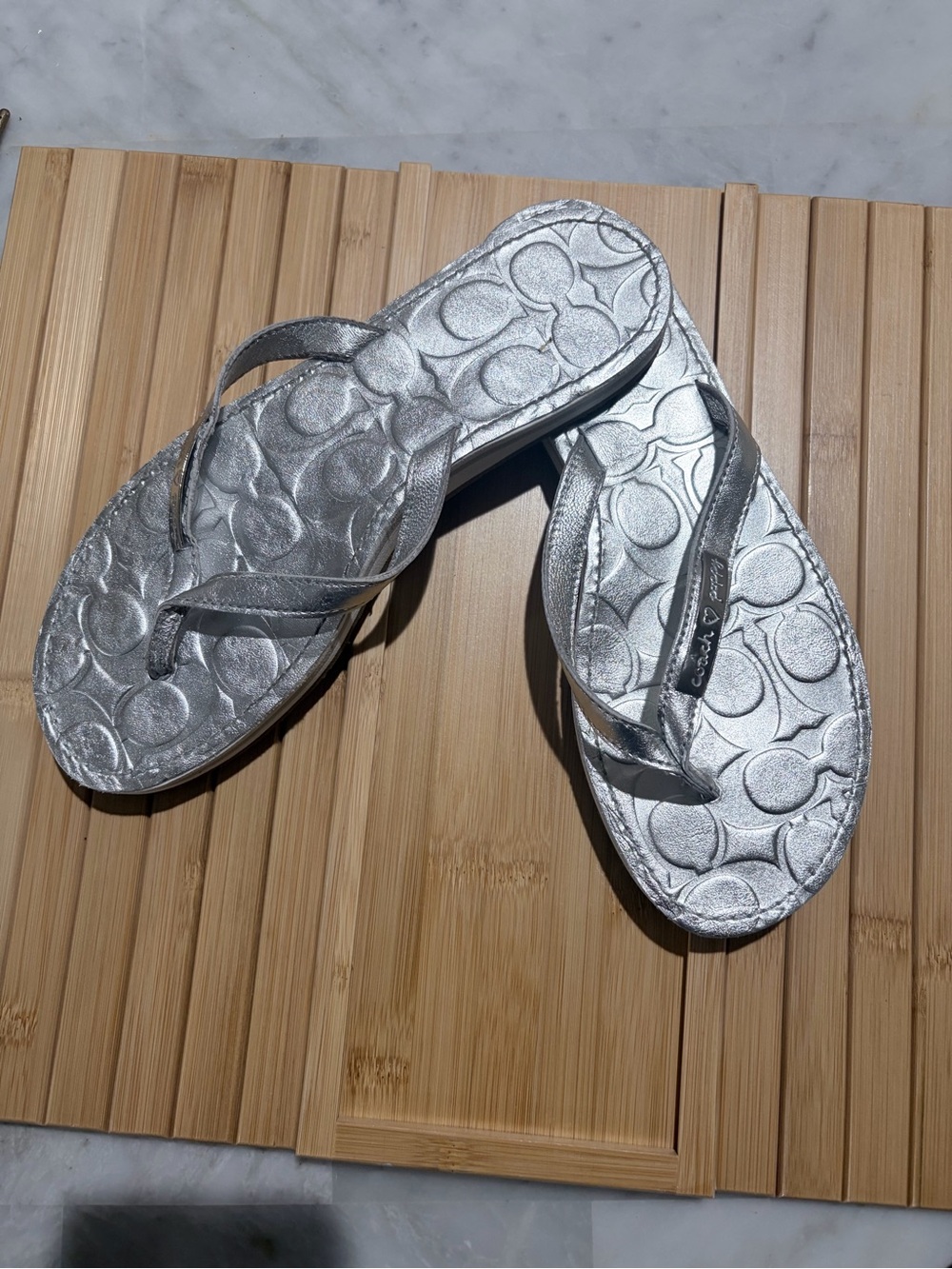 Coach Metallic Silver Signature Flip Flop Sandals